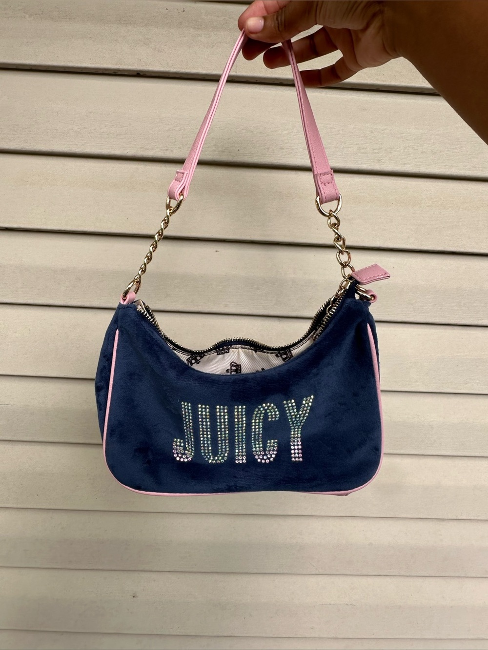 Juicy Couture Navy Velvet Shoulder Bag with Pink Trim
